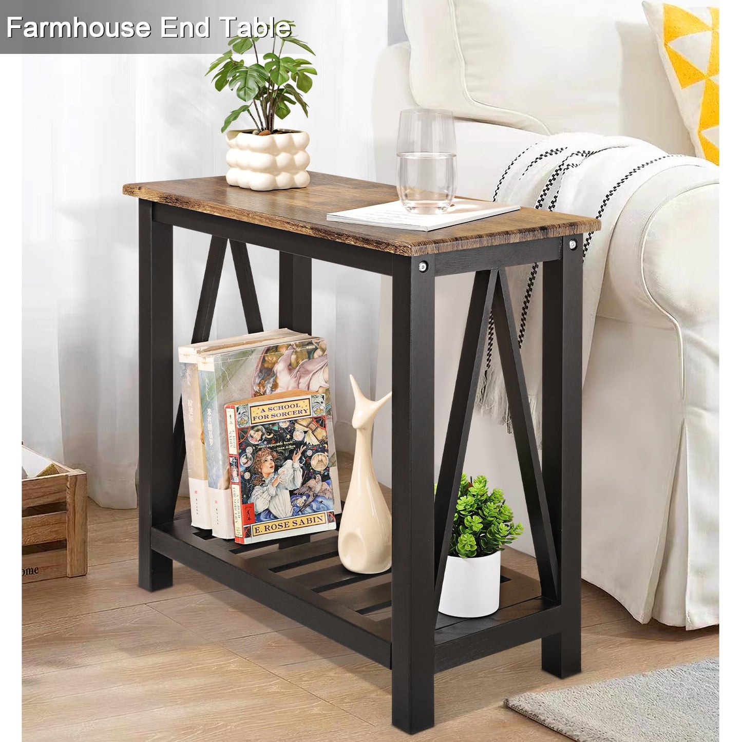 Narrow End table Rectangular Side Tables with Storage Shelf Small Sofa Table Industrial Nightstands Bedside Table for Small Spaces Living Room