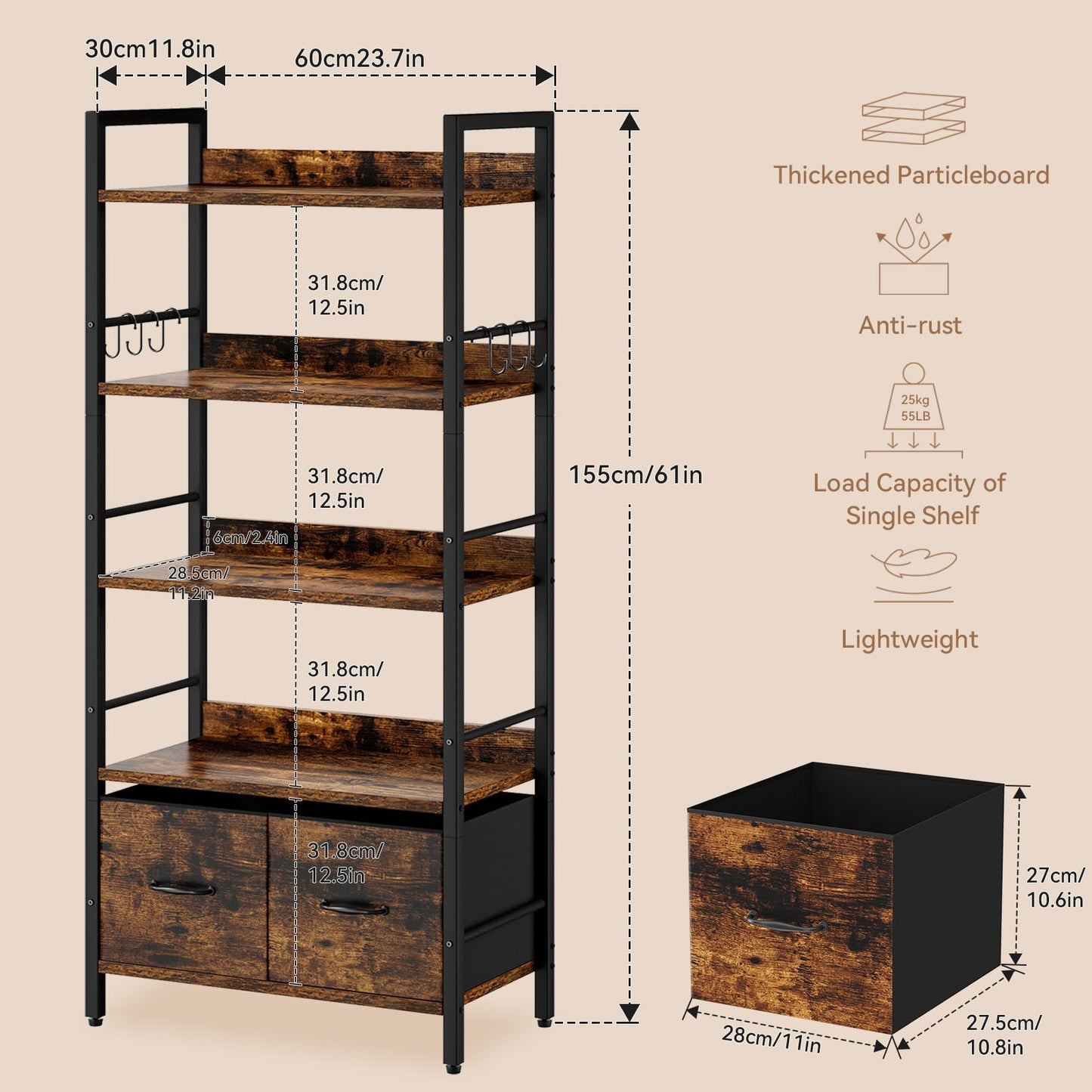 Aibiju Bookshelf, 5 Tier Bookshelves With 2 Fabric Cloth Drawers，Shelf Bookcase for Office, Study, Living Room, Bedroom Industrial