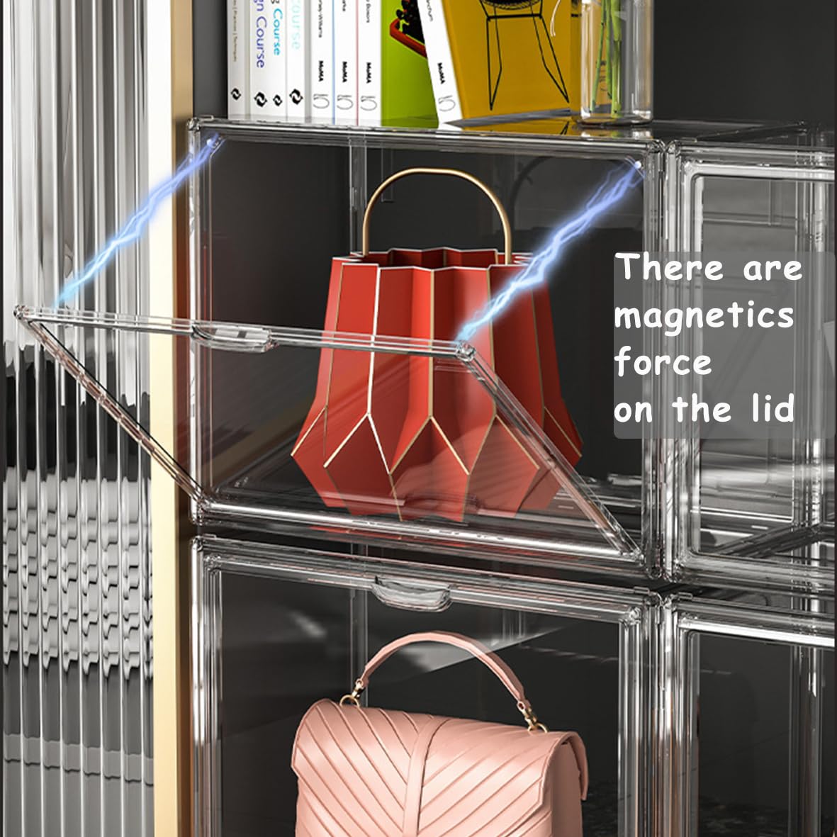 Umtiti 1 Pack Clear Plastic Handbag Storage Organizer for Closet, Display Storage Box with Magnetic Door, Dustproof Storage Bins for Book, Toys, Hat