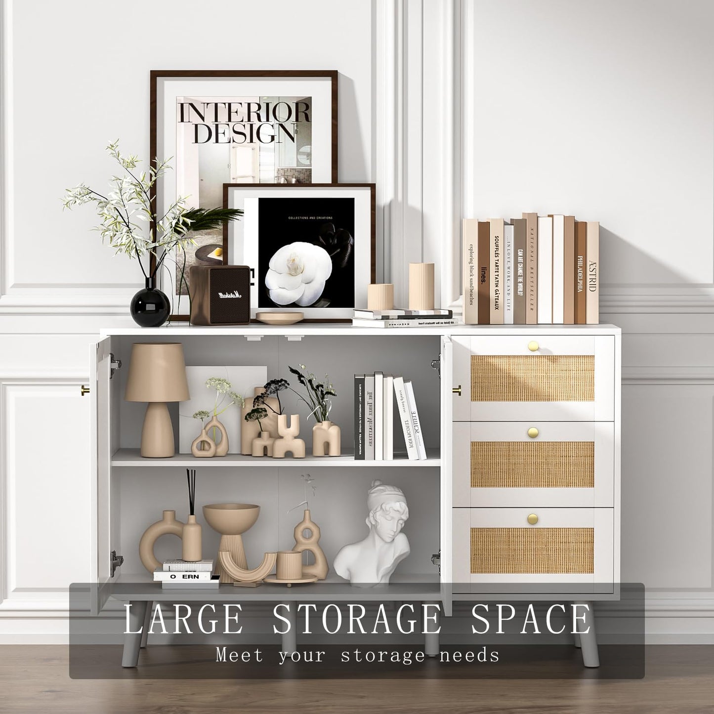 Skokliz Rattan Sideboard, Modern Storage Cabinet with 3 Drawers, Buffet Cabinet with 2 Doors and Adjustable Shelves
