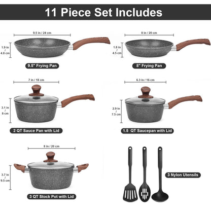 M MELENTA Non Stick Pots and Pans Set, 11 Piece Die-Cast Induction Hob Pan Set, Granite Cookware Set with Frying Pans, Saucepan Set, PFOA Free, Dark
