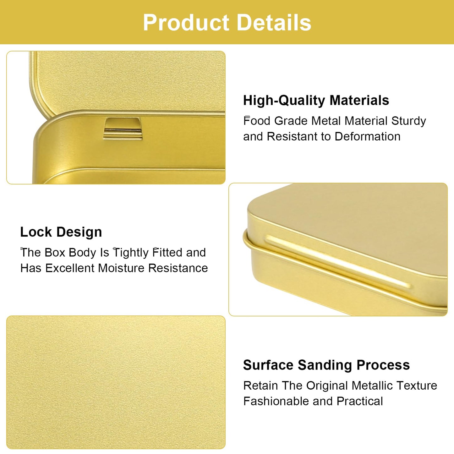 Gyism 6Pcs Golden Metal Rectangular Hinged Tin Container with Lids, 9.5×6×2cm Small Decorative Tins with Lids
