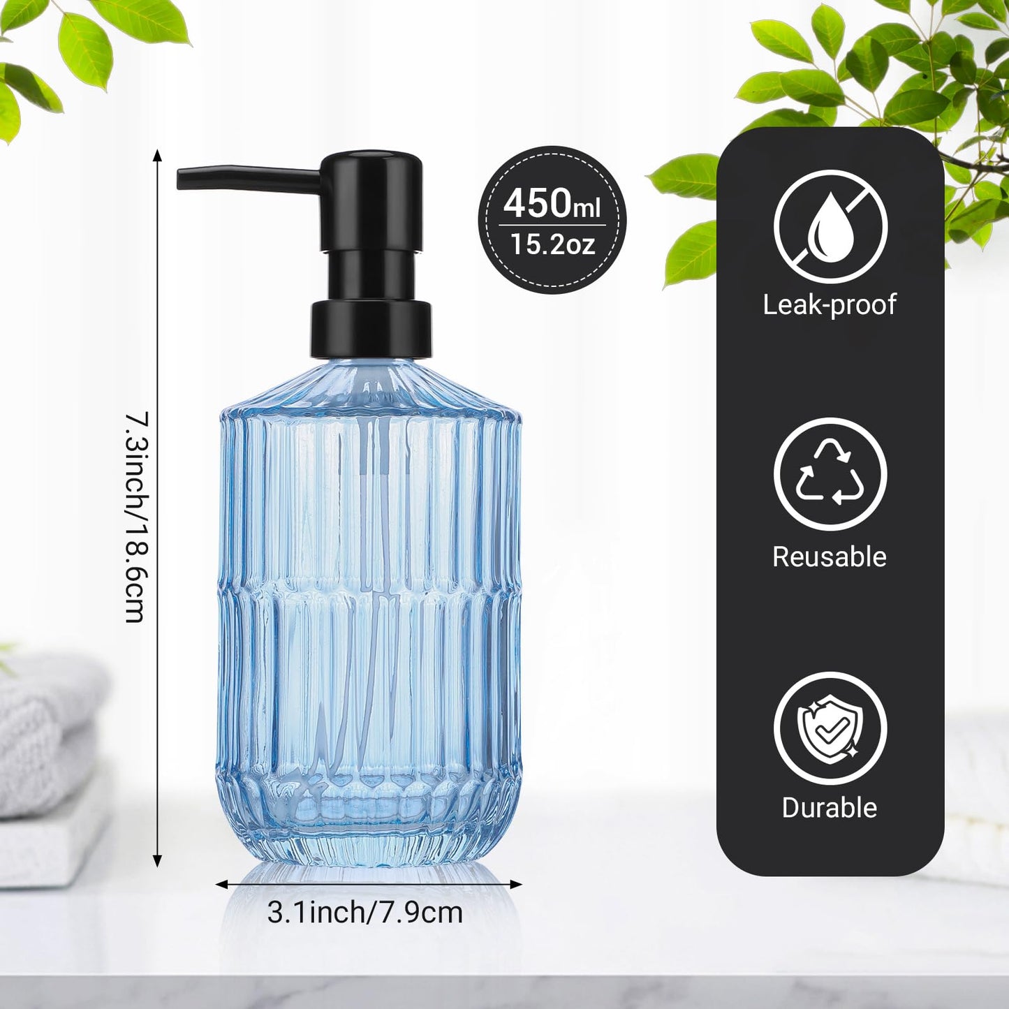 Segus Shampoo and Conditioner Dispenser, 2 Pieces 450ml Hand Wash Dispenser, Refillable and Reusable, Blue Bathroom Accessories (Glass)