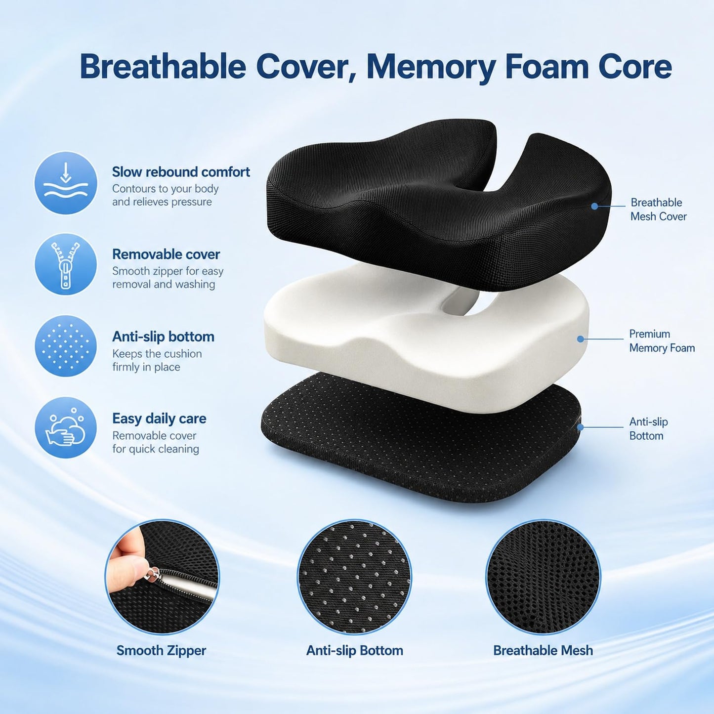 GOOGO Extra Large Coccyx Cushion, Ergonomic Memory Foam Seat Cushion for Tailbone Pain Relief, with Contoured Support