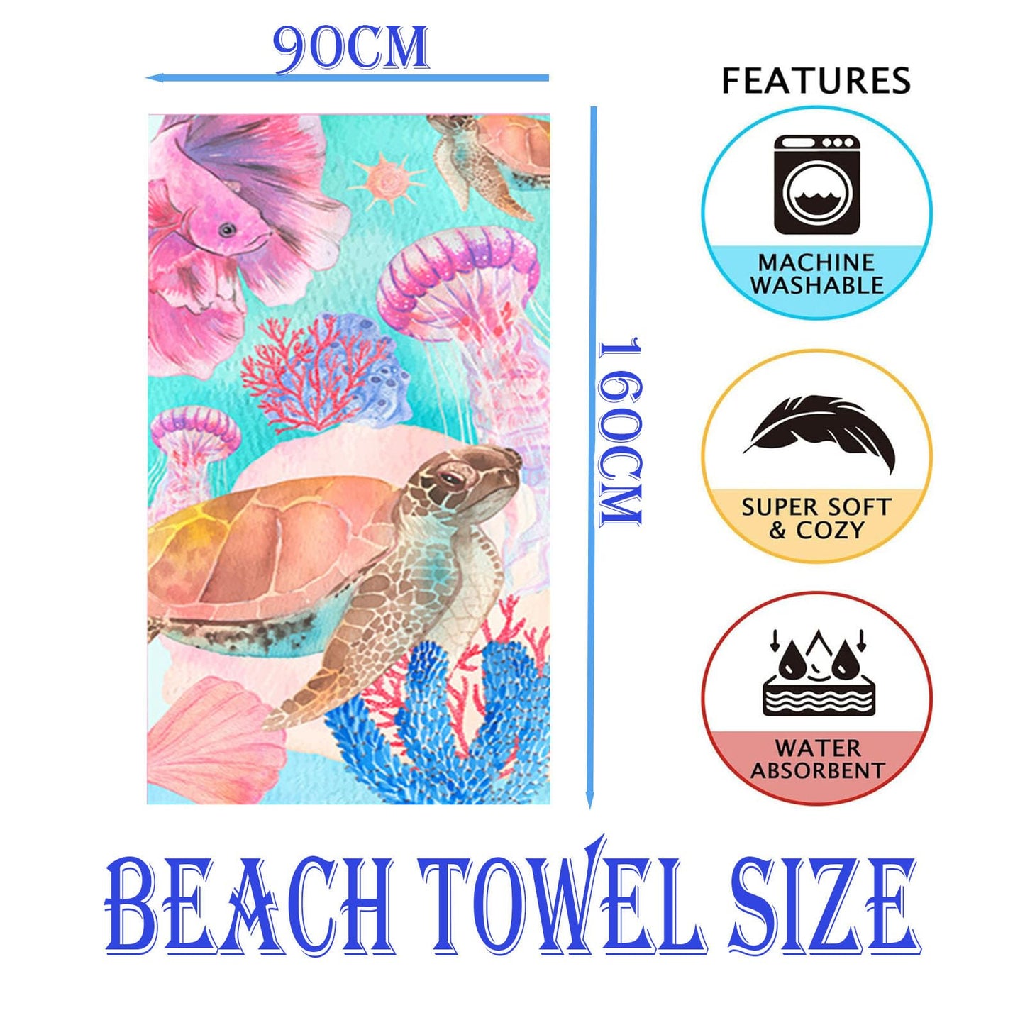 Large Thin Microfibre Beach Towel with Bag for Adult Men Women,160x90cm Pink Turtle Beach Towels Quick Dry Sand Free Lightweight Swim Bath Towel for