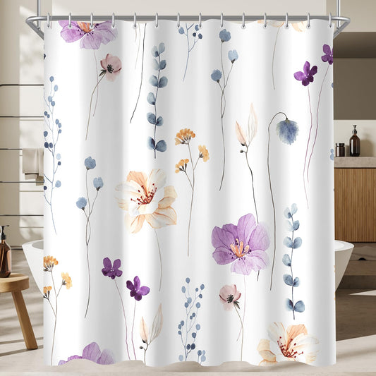 Lerores Shower Curtain, 180 x 200 cm, Purple Flower, Weighted Hem, Anti-Mould, Water-Repellent, Washable Polyester Bath Curtains with 12 Eyelets and