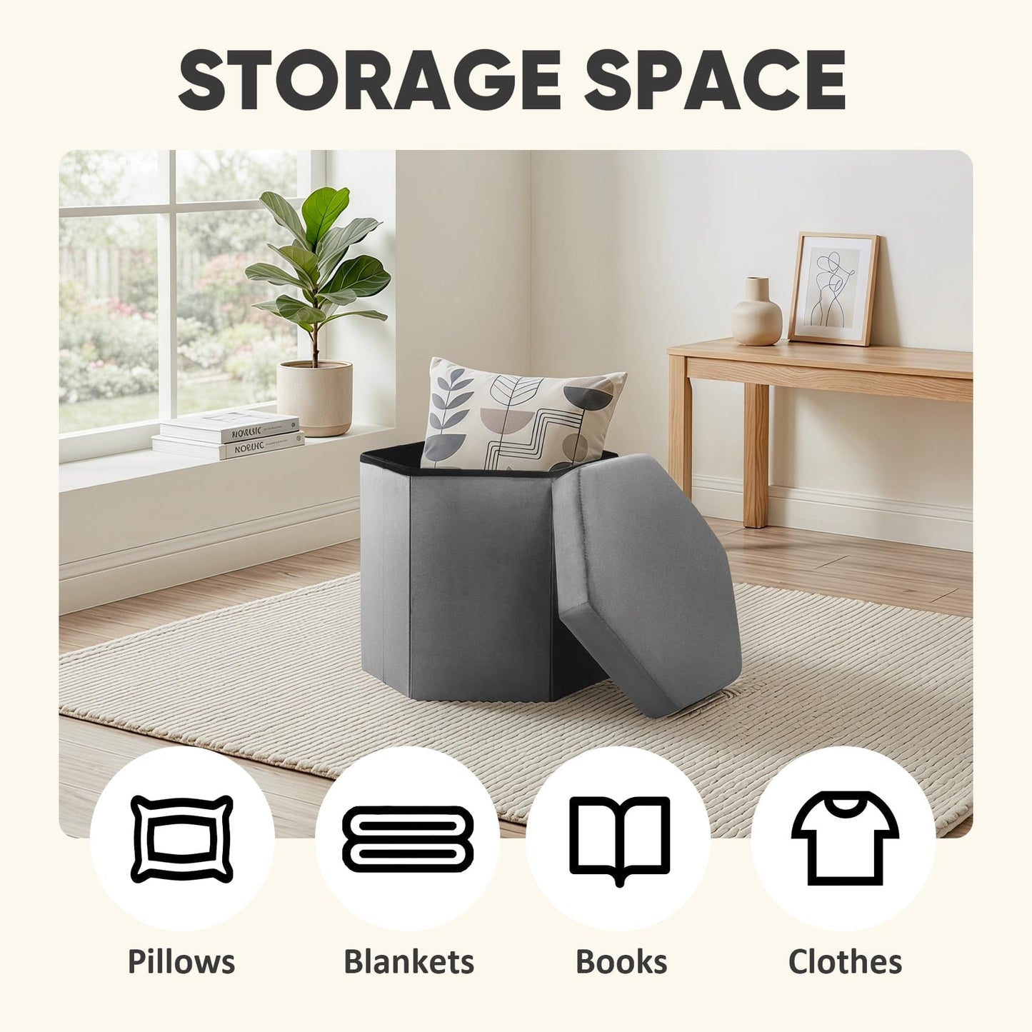PINPLUS Hexagonal Storage Ottoman, Velvet Foldable Footstool, Grey