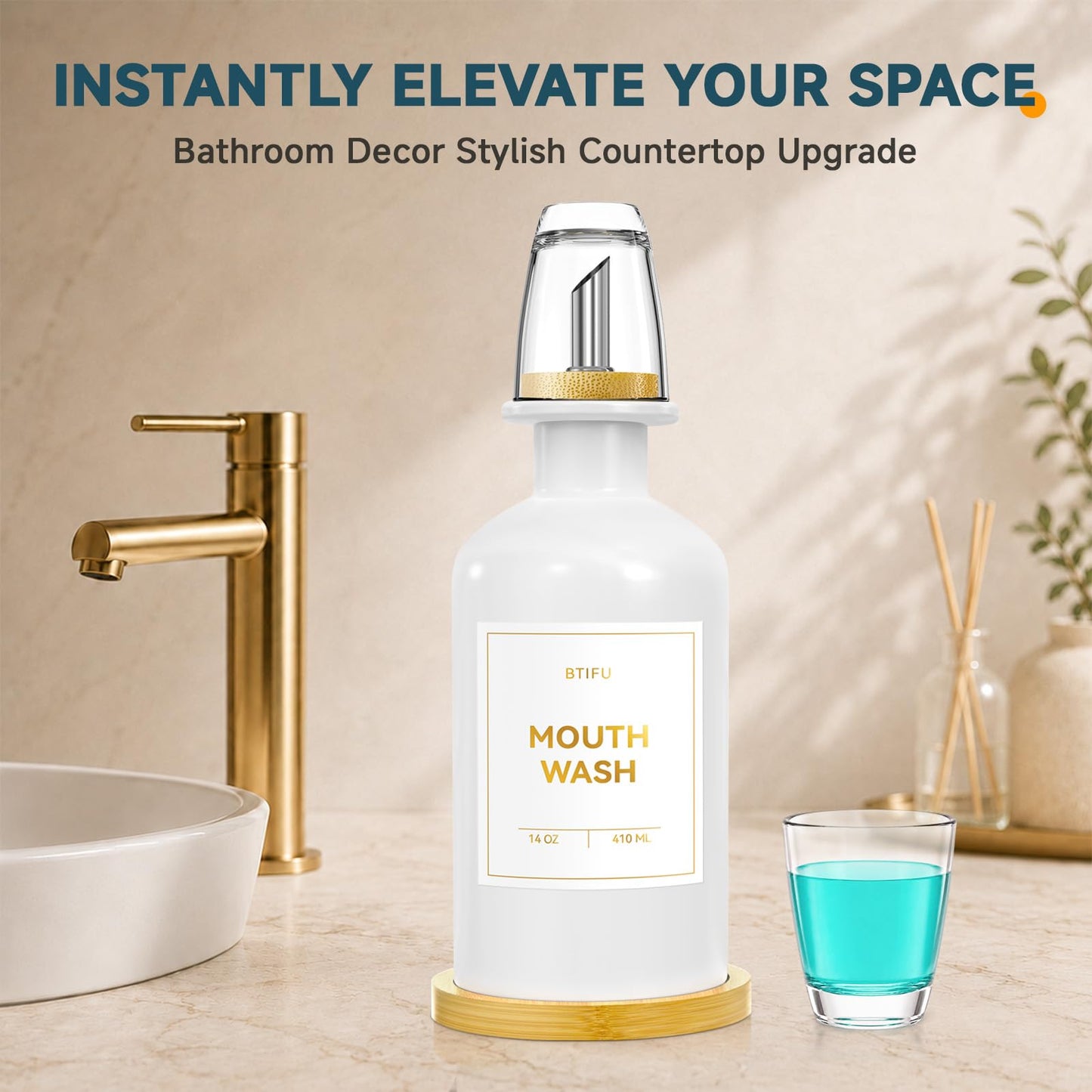 Glass Mouthwash Dispenser for Bathroom – 410ml Refillable Mouthwash Container with 2 Glass Cups & Bamboo Tray, Countertop Mouth Wash Dispensers