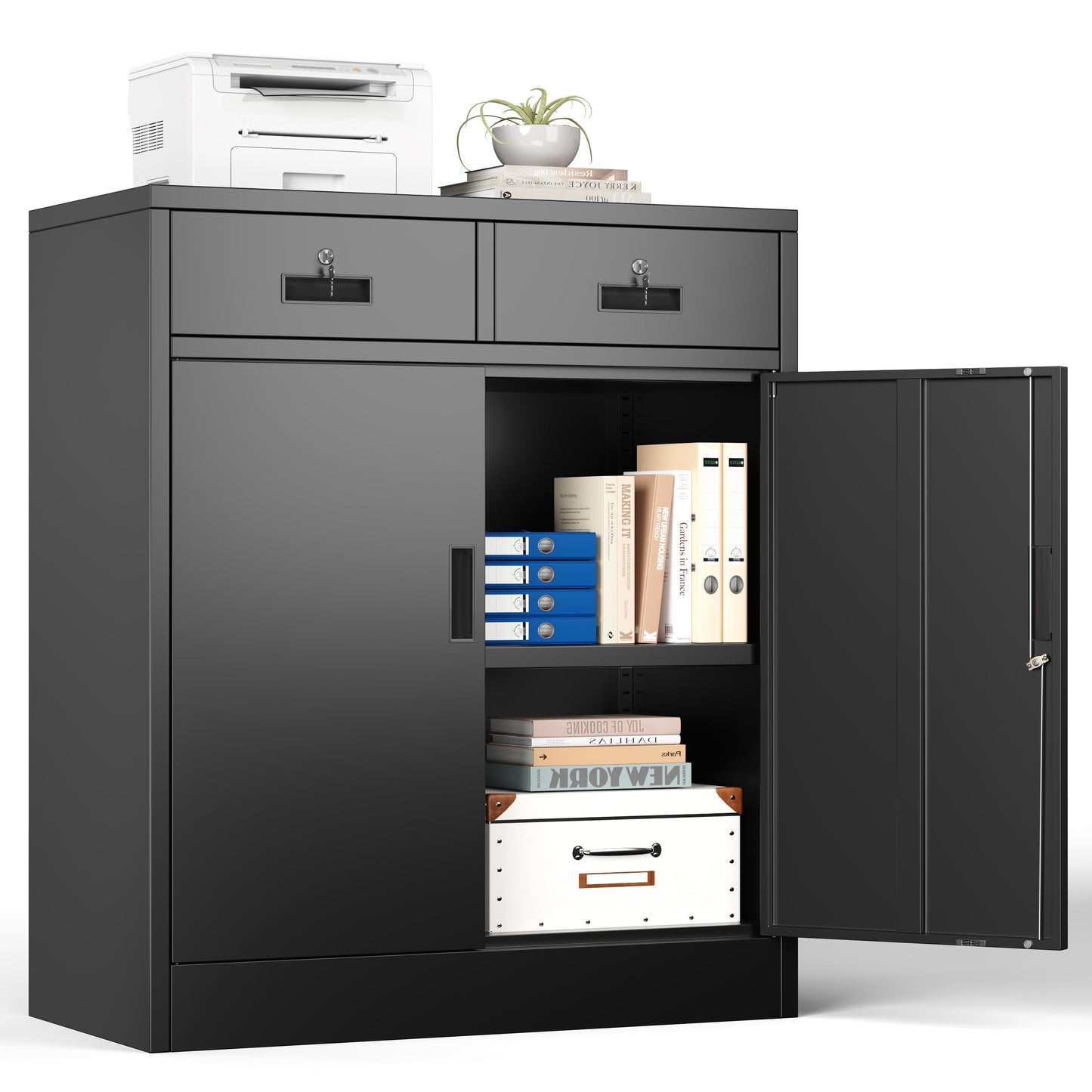 Metal Storage Cabinet, 90cm Locking Storage Cabinet with Doors, Steel Storage Cabinet with 2 Drawers and Adjustable Shelf for Garage, Home, Office
