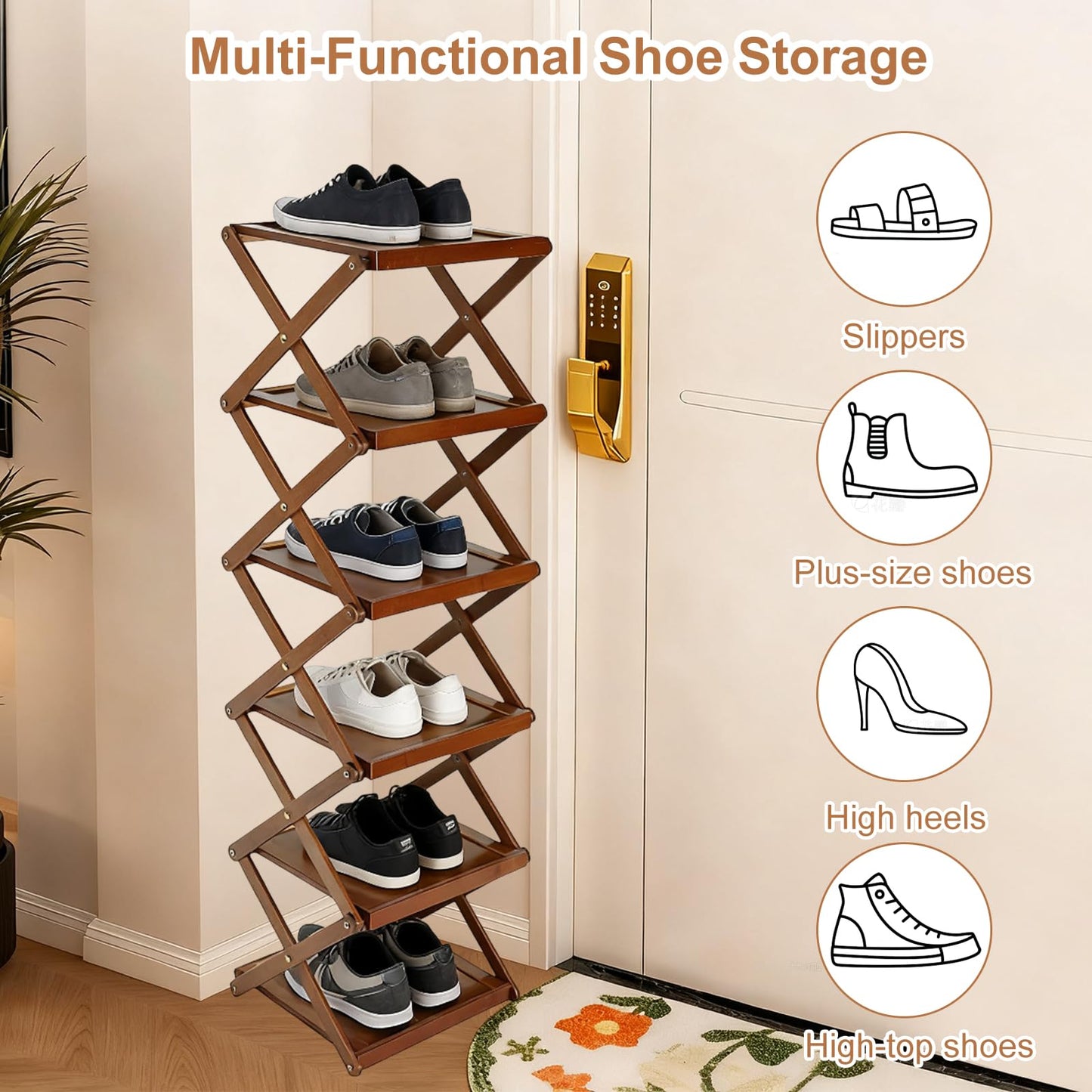 YYW Shoe Rack, Foldable Shoes Organizer Free Standing Shelf for Entryway, Closet, Hallway, Foldable X Shape Multi Tier Shoe Rack (Brown,7 Layers)