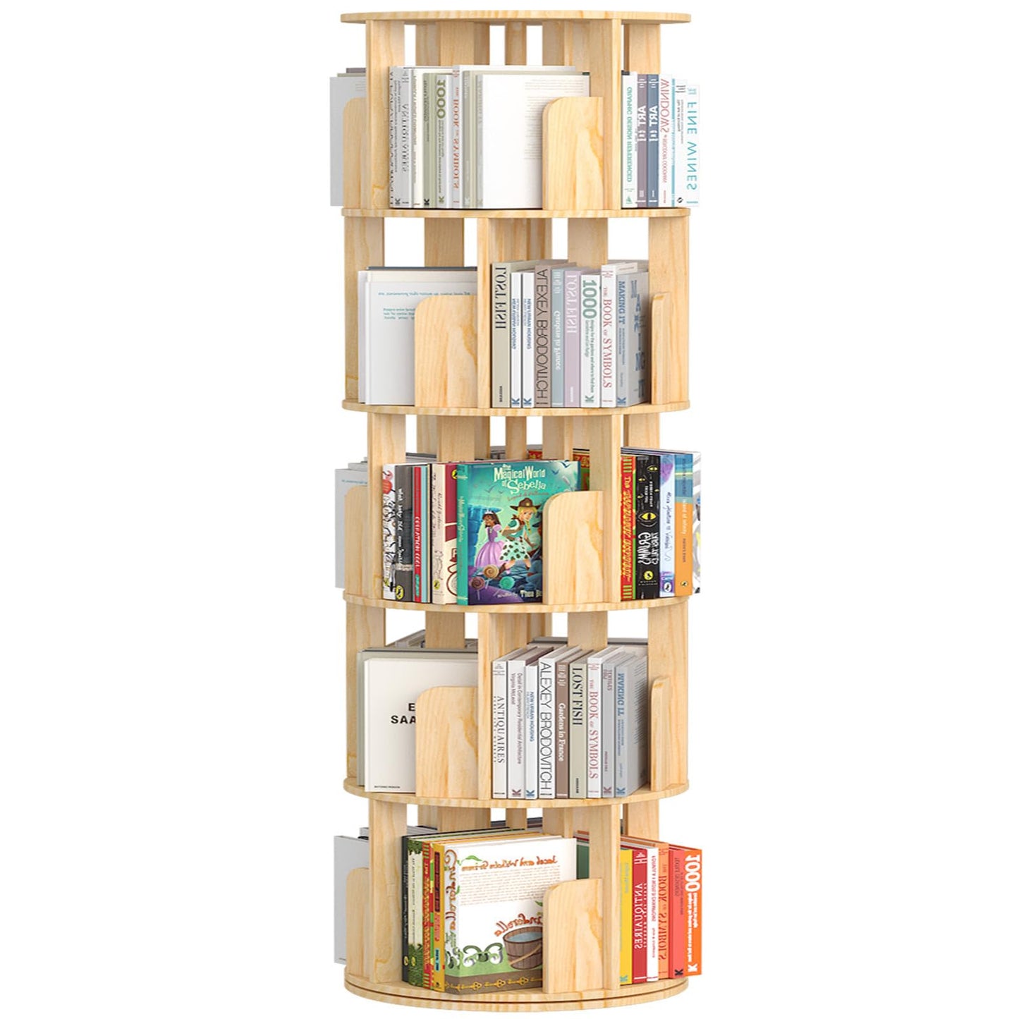 YGYQZ Rotating Bookshelf, 5 Tier Floor Standing Bookcase Wood 360 Display Narrow Book Shelf Organizer for Kids & Adult Storage Rack for Bedroom