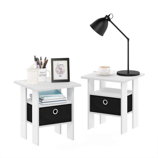 Furinno ANDREY Side Table, Set of 2 End Table, Night Stand with Open Shelves and Storage Bin, Bedside Table, for Living Room, Bedroom, White
