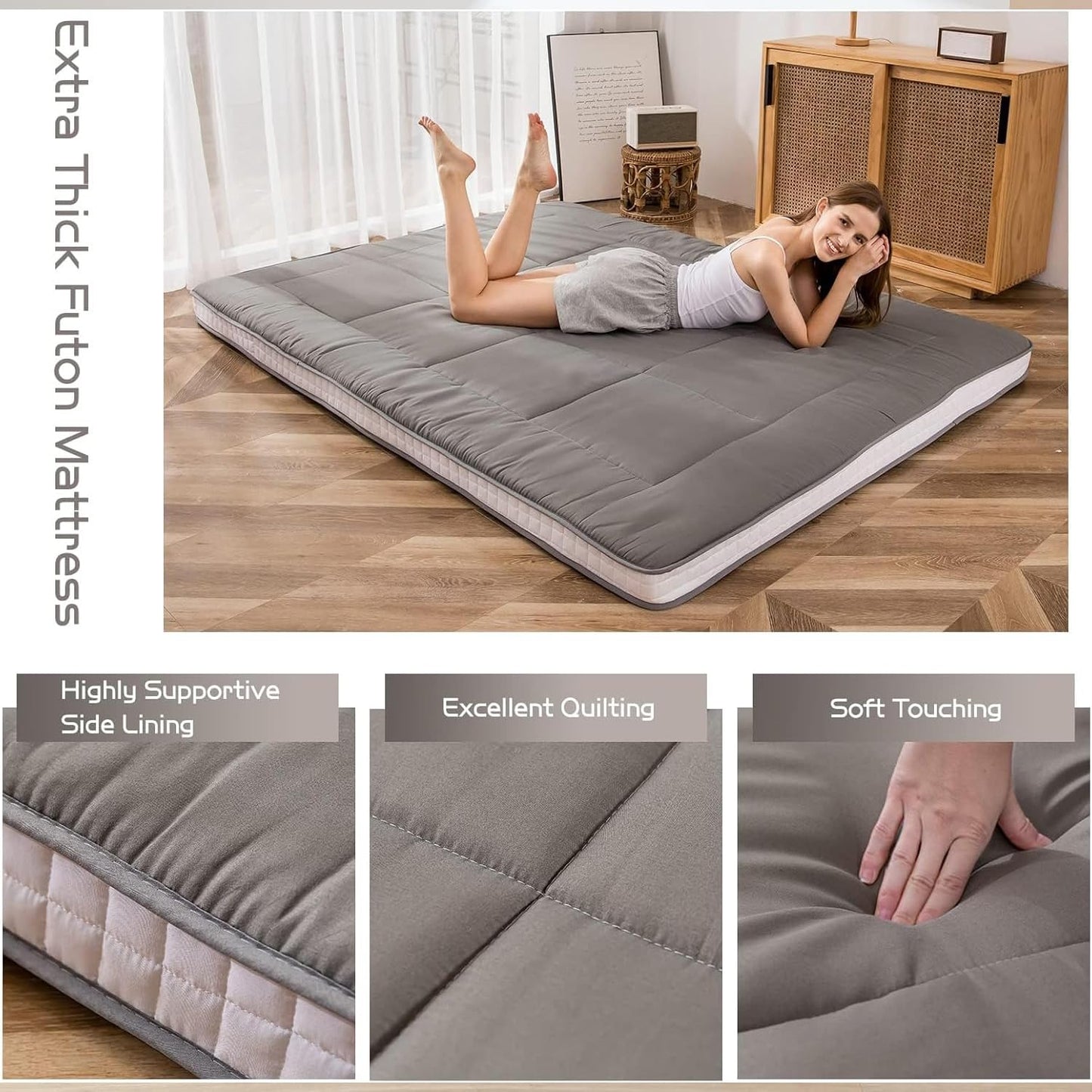 MAXYOYO Japanese Floor Futon Mattress Padded Quilted Bed Mattress Topper, Extra Thick Folding Sleeping Pad Breathable Floor Lounger Guest Bed for