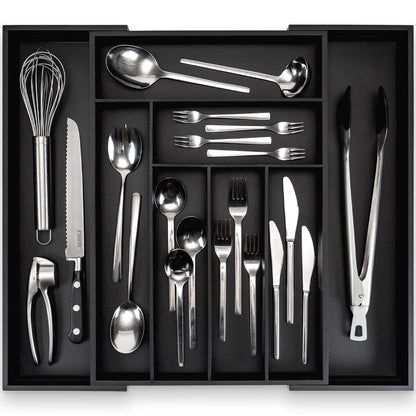 budu Cutlery Tray #50 (Depth 50 cm) Made of Bamboo - Black - Drawer Organiser System for the Kitchen - Cutlery Tray for Bamboo Drawers - Extendable -