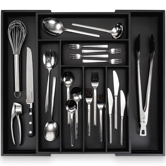 budu Cutlery Tray #50 (Depth 50 cm) Made of Bamboo - Black - Drawer Organiser System for the Kitchen - Cutlery Tray for Bamboo Drawers - Extendable -