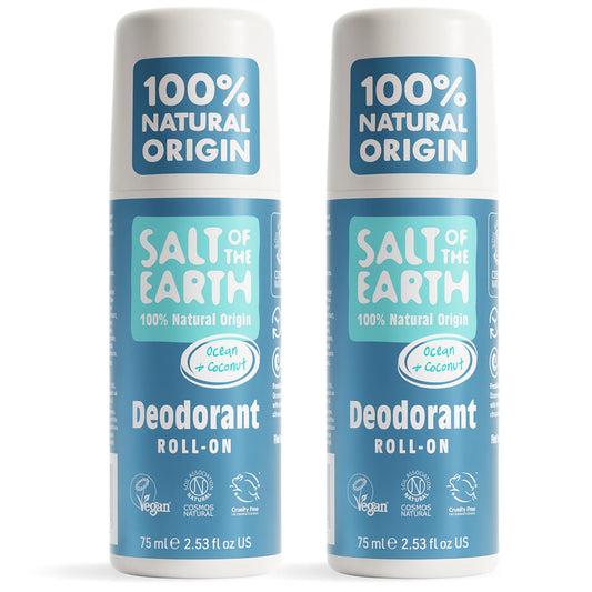 Salt of the Earth - 2 Pack Natural Roll On Deodorant Bundle (2 x 75ml) - 100% Natural Origin Ingredients, Vegan Unisex Roll On, Made in the UK - Ocean