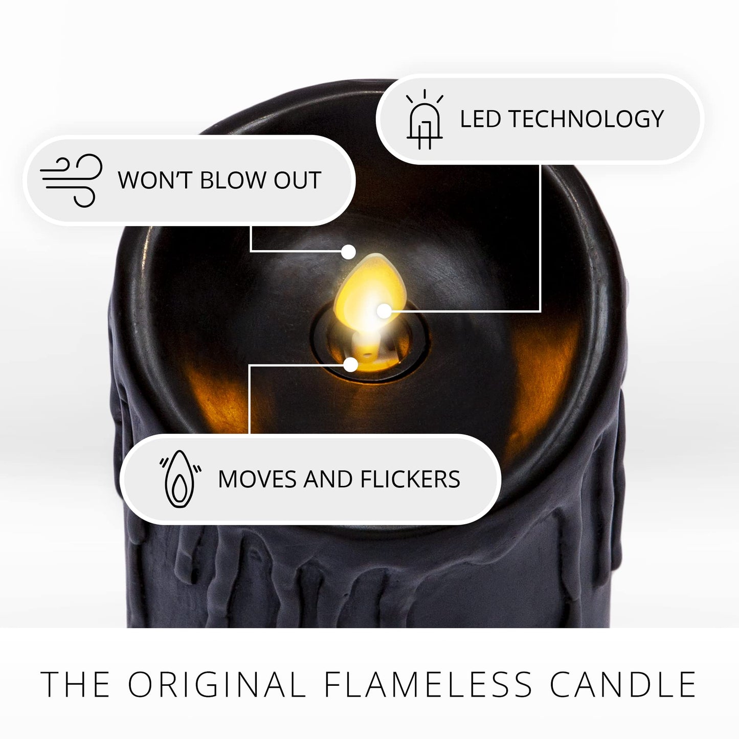 Luminara Wax Drip Flameless LED Candle, Black 3" x 4.5", Timer Function, Real Wax Pillar, Battery Operated Unscented Safe, Long-Lasting