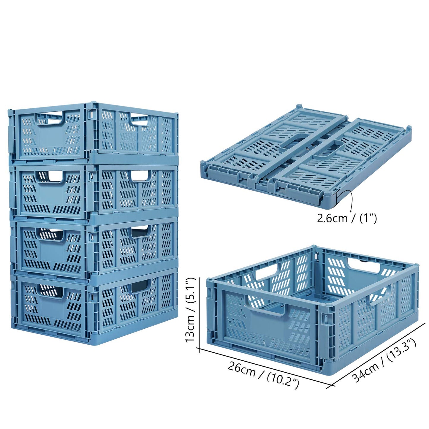 4 Pack Plastic Storage Crates Foldable Shelf Storage Basket Bins for Food Fruit Vegetables Snacks Bottles Toys Toiletries