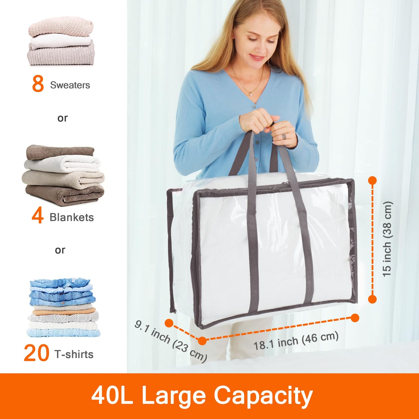 Vieshful 3 Pack Grey Clear Clothes Storage Bag Organizer Reinforced Handle