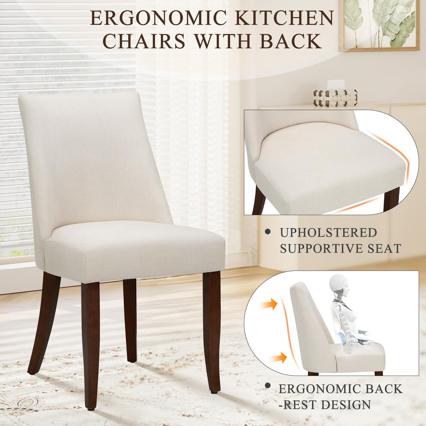 COLAMY Upholstered Dining Chairs Set of 4, Linen Fabric Parsons Dining Room Chairs with Curved Backrest, Solid Rubber Wood Legs