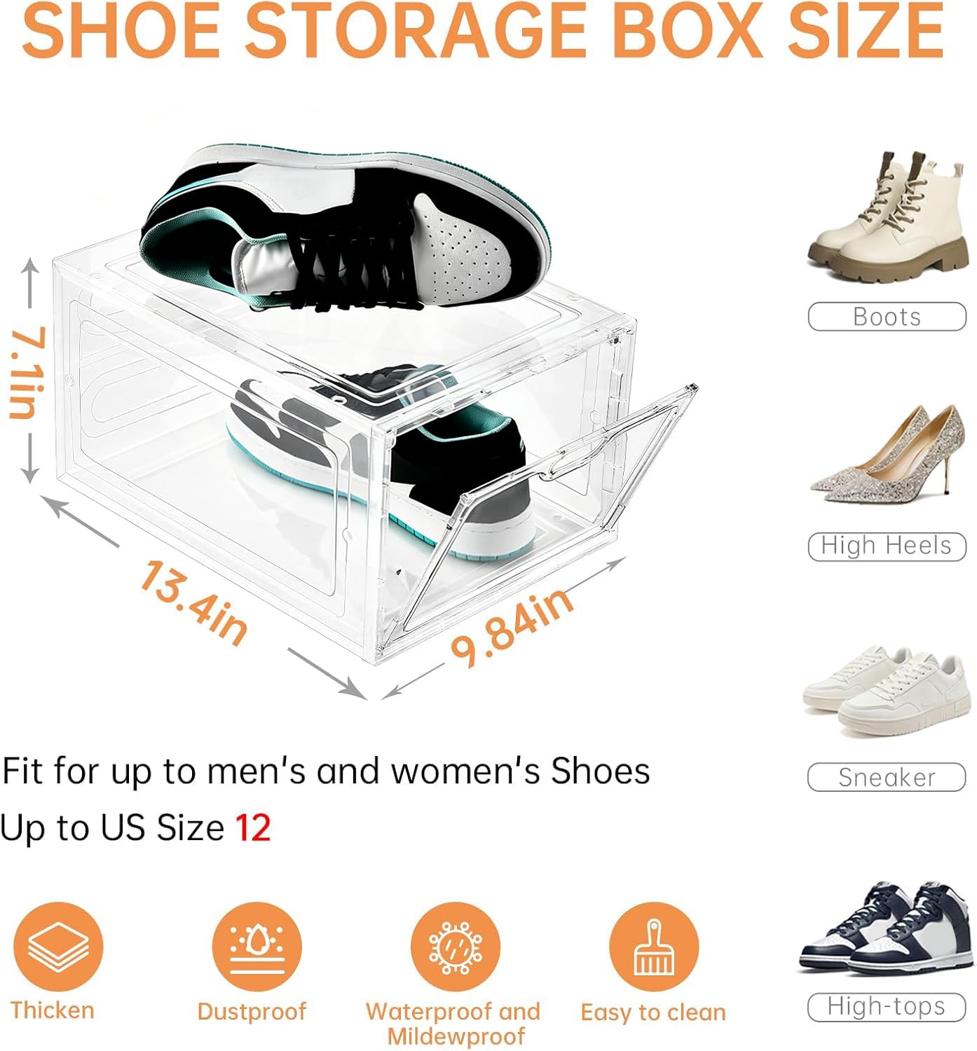 INSTY 6 Pack Modern/Functional Transparent Plastic Shoe Storage Box, Shoe Organizer with Magnetic Door, Stackable, Fits up to US Size 12