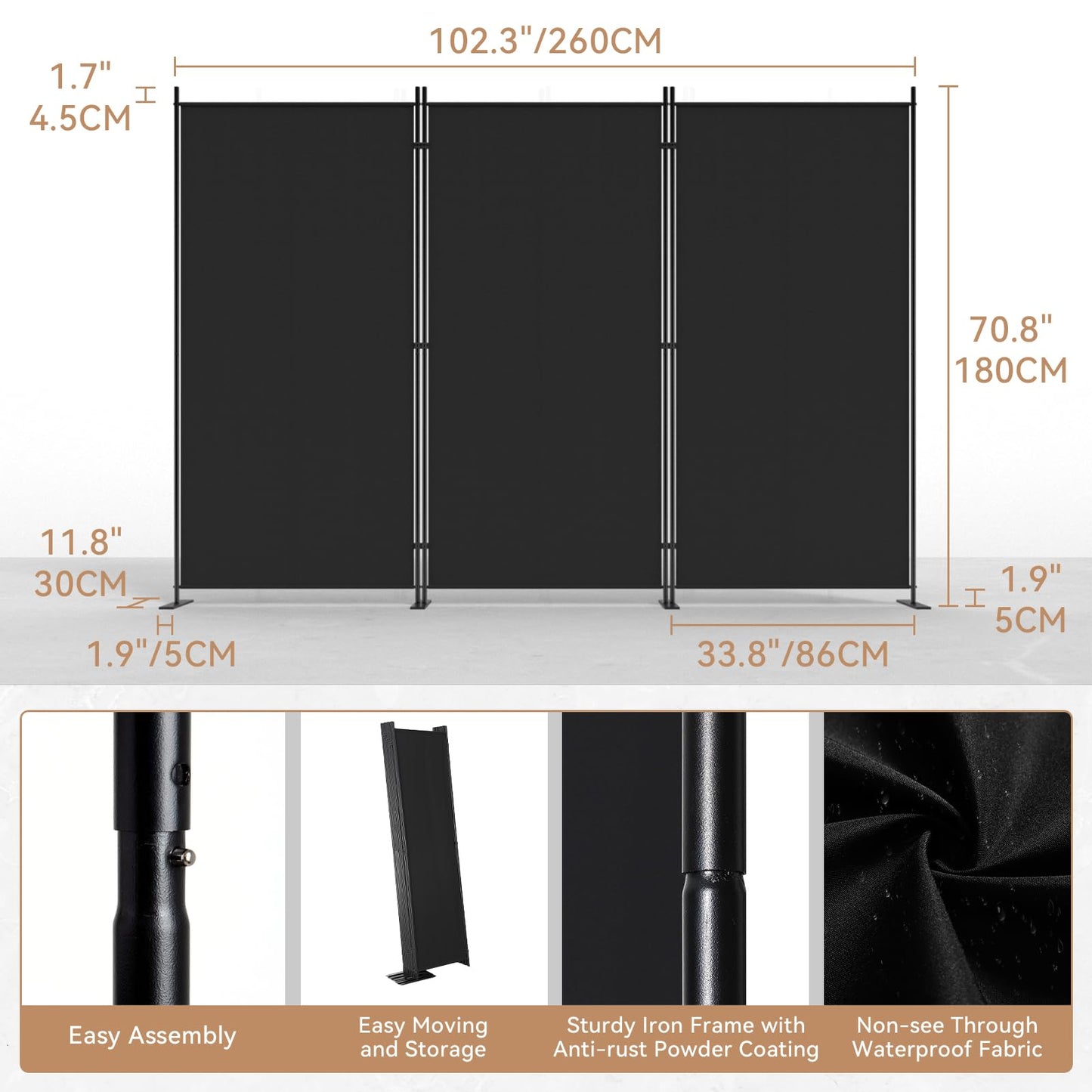 C-Hopetree 3 Panels Room Divider, 180cm Tall Indoor Folding Privacy Screen, Portable Partition Separator, Freestanding Separation Temporary Wall for