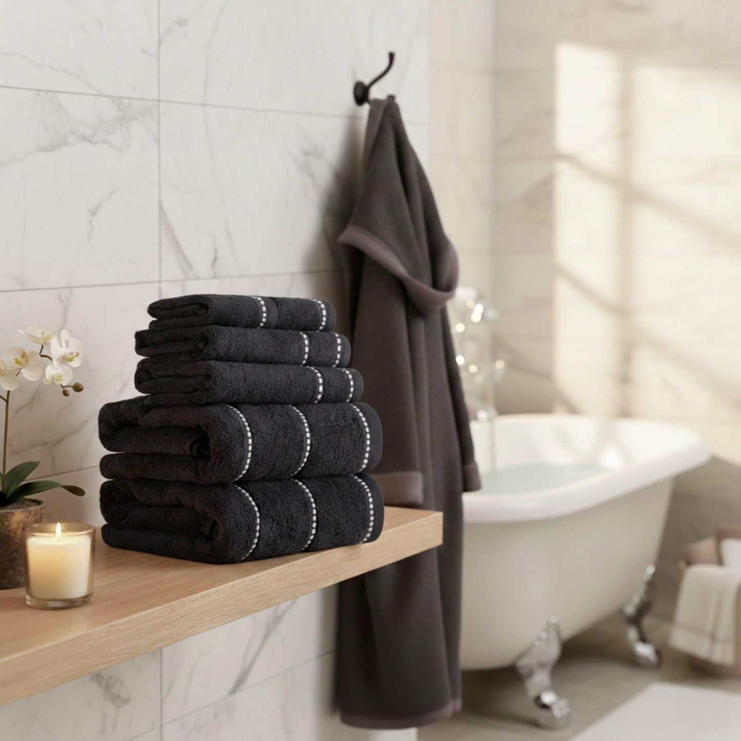 Lavish Home Luxury Cotton Towel Set- Quick Dry, Zero Twist and Soft 6 Piece Set With 2 Bath Towels, 2 Hand Towels and 2 Washcloths (Black/White)