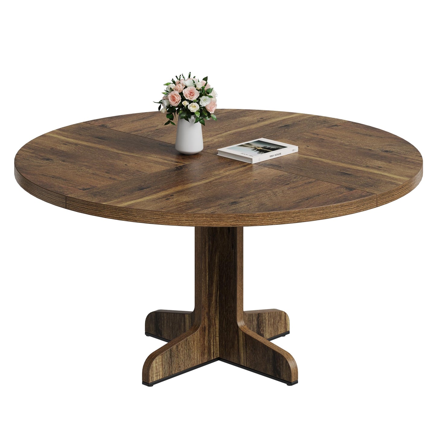47.2 Inch Round Dining Table for 4-6 People, Engineered Wood Tabletop with Sturdy Wooden Base, Adjustable Feet for Stability