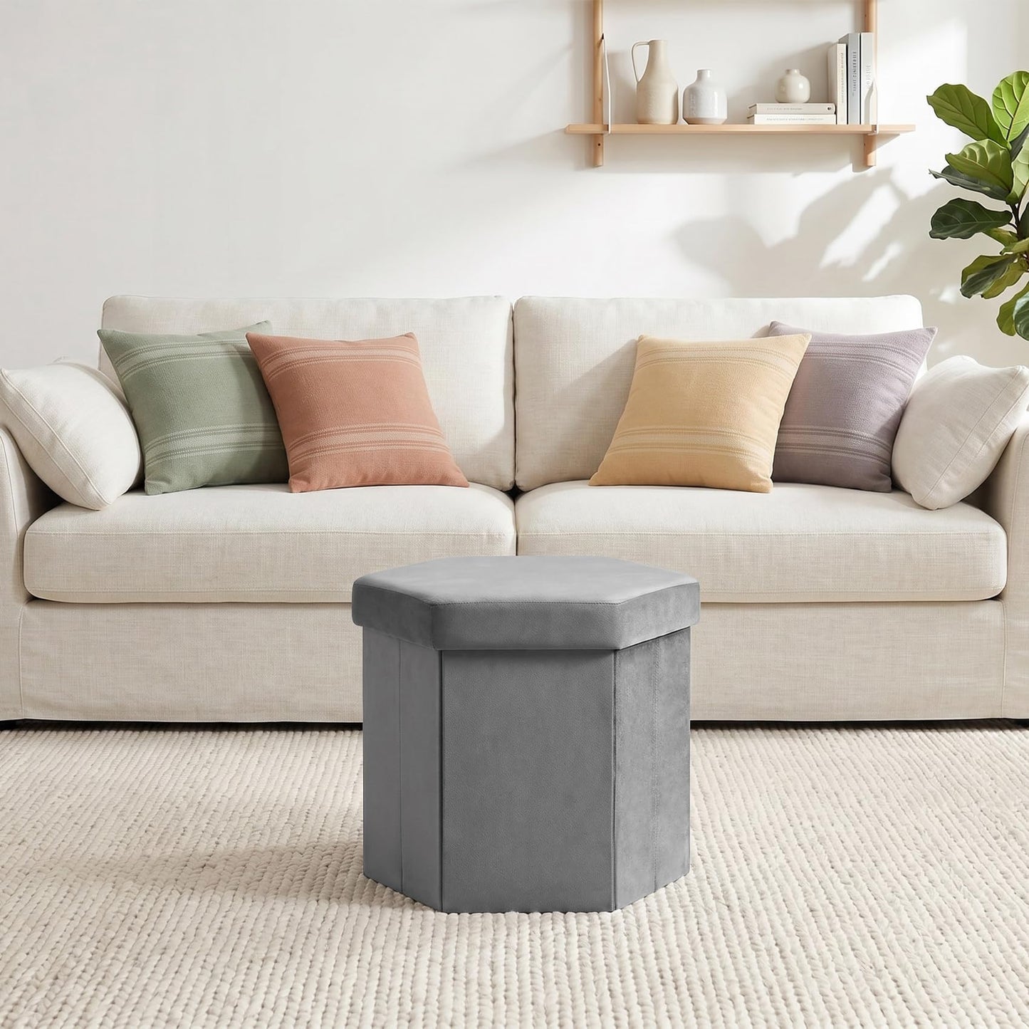 PINPLUS Hexagonal Storage Ottoman, Velvet Foldable Footstool, Grey