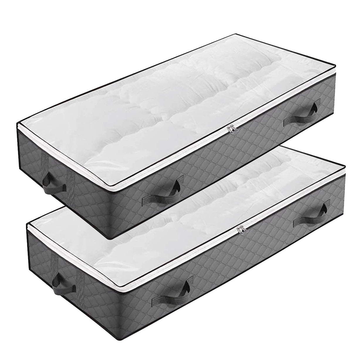 HUSAIHU 90L Underbed Storage Bags, 2 Pack Large Under Bed Box with lid, Foldable Clothes Bag 4 Reinforced Handle, PVC Window for Quilts, Blankets