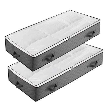 HUSAIHU 90L Underbed Storage Bags, 2 Pack Large Under Bed Box with lid, Foldable Clothes Bag 4 Reinforced Handle, PVC Window for Quilts, Blankets