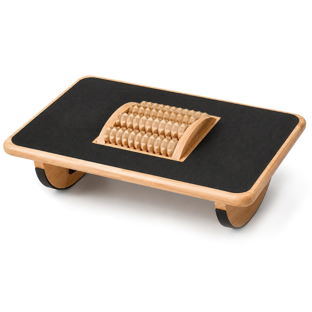 Foldable Under Desk Foot Rest, Wooden Rocking Footrest with 4 Massage Rollers, Natural Rubber Wood Ergonomic Foot Stool with Silicone Anti-Slip