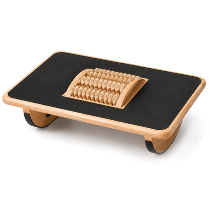Foldable Under Desk Foot Rest, Wooden Rocking Footrest with 4 Massage Rollers, Natural Rubber Wood Ergonomic Foot Stool with Silicone Anti-Slip