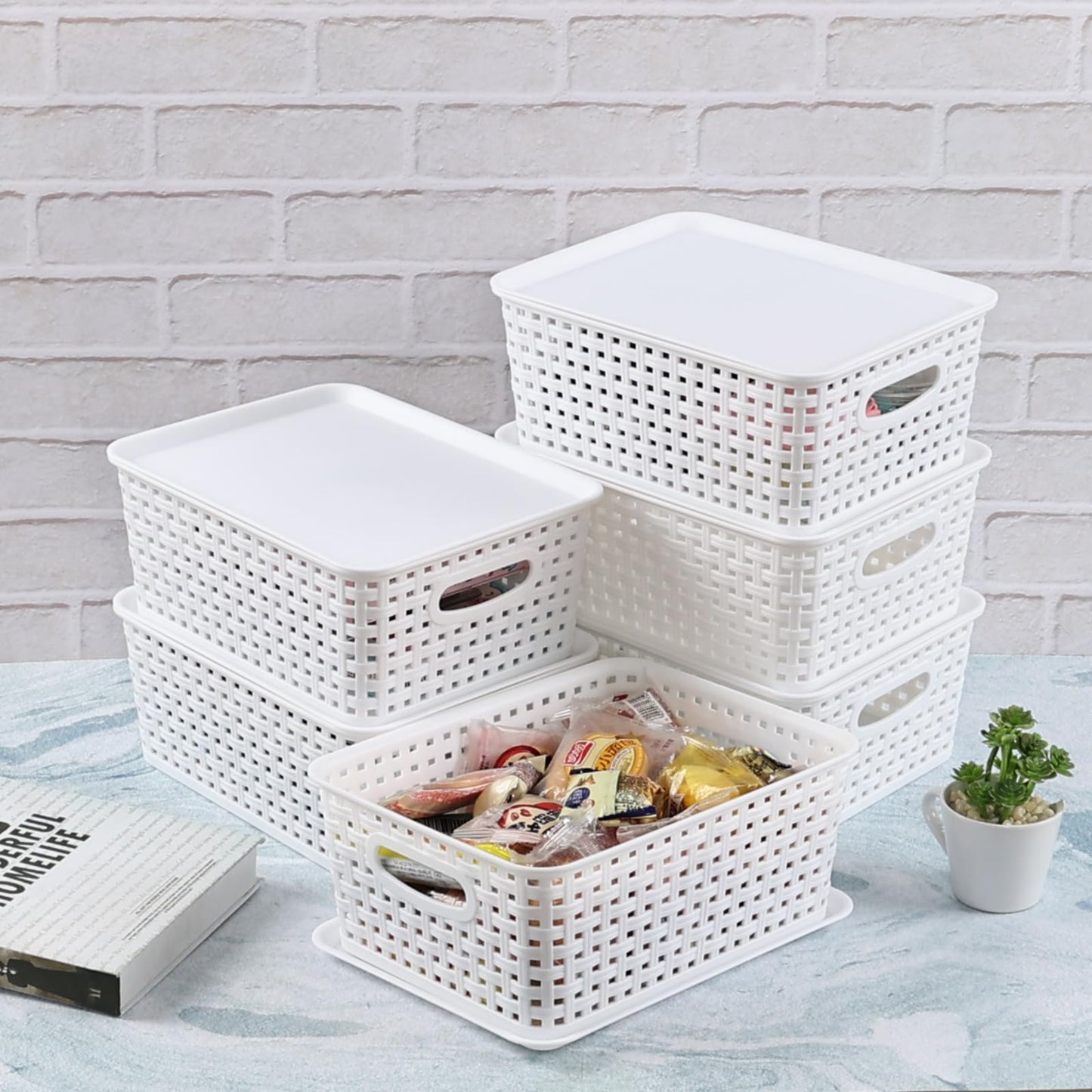 Obstnny Lidded Storage Basket Set of 6, Small Kitchen Cupboard Baskets
