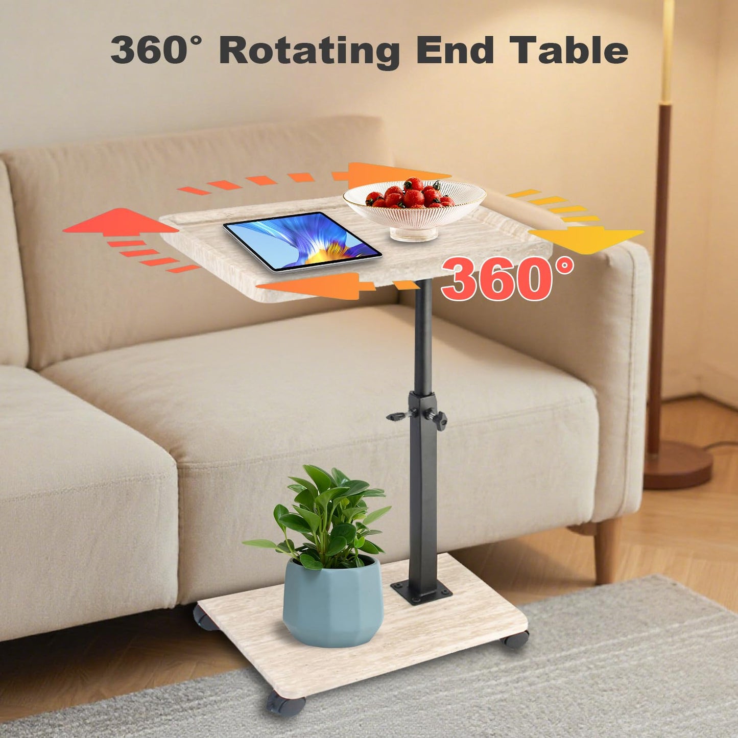 YYW C-Shaped Side Table TV Tray With Rolling Wheels, Height Adjustable