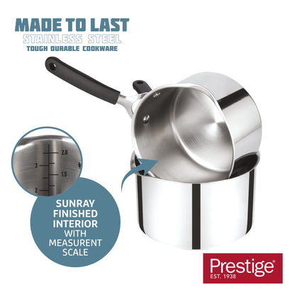 Prestige Made To Last Stainless Steel Saucepan with Lid 20cm - Large saucepan with Straining Lid, Measurement Guide & Easy Grip Silicone Handles,