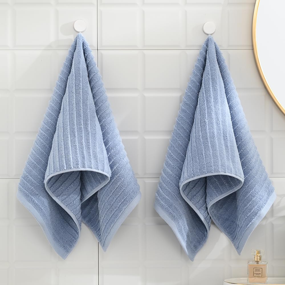 sense gnosis Blue Hand Towel Set of 2 Soft Stereoscopic Ladder Striped Design 100% Cotton Absorbent Luxury Decorative Towel for Bathroom 13 x 29 Inch
