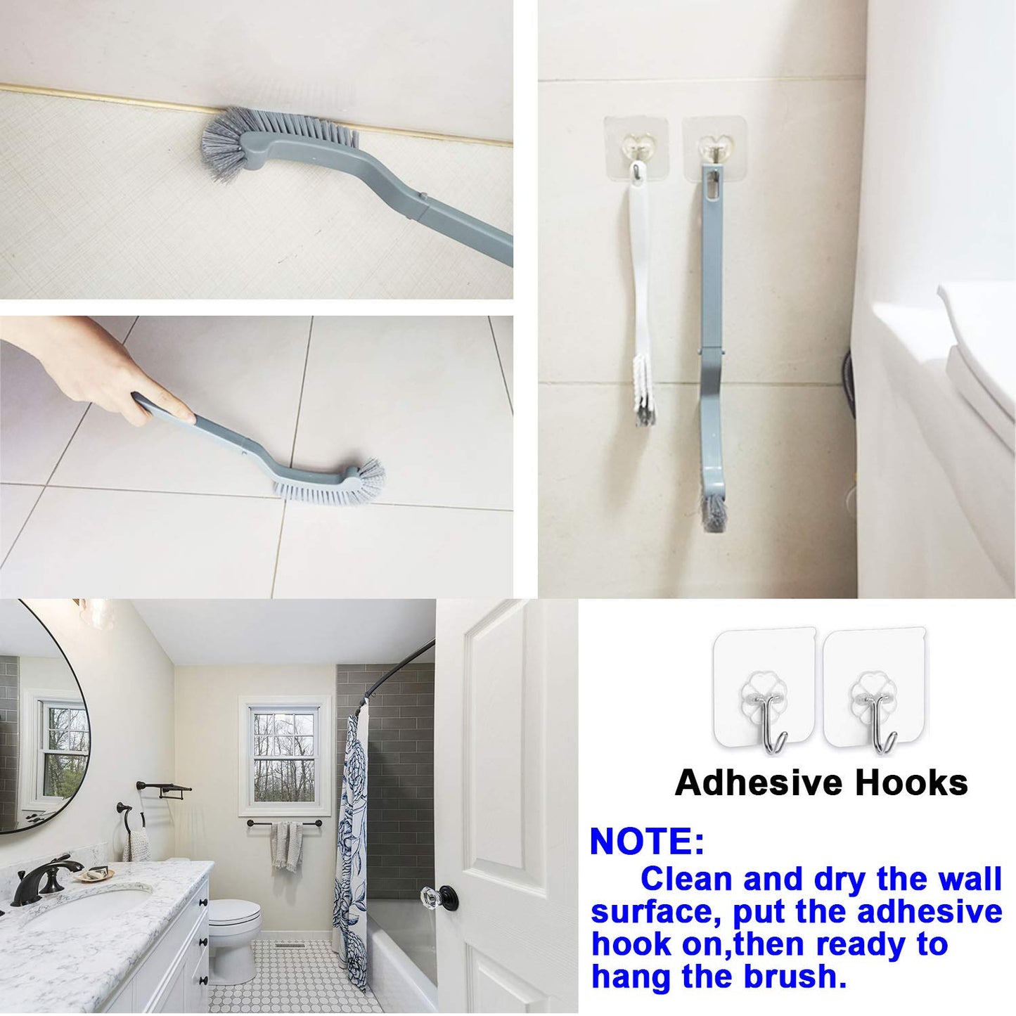 Bathroom Brushes Kitchen Cleaning Brush set Toilet bowl Brush Scrub Brush Home Cleaner Floor Stiff Bristles with Adhesive Hooks Plastic handle