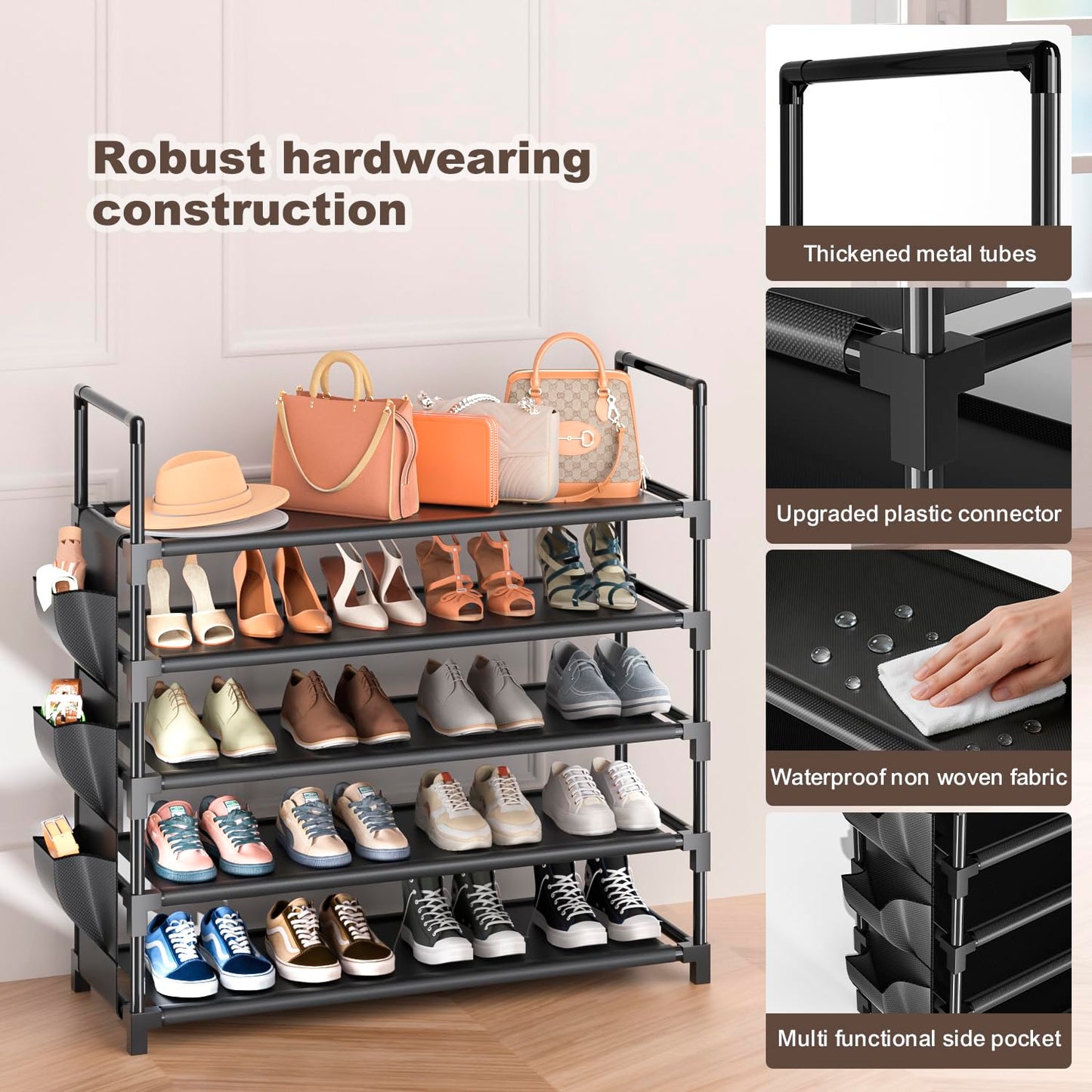 OYREL Shoe Rack 5 Tier 20-25 Pairs Shoes, Large Shoe Storage with Side Bag