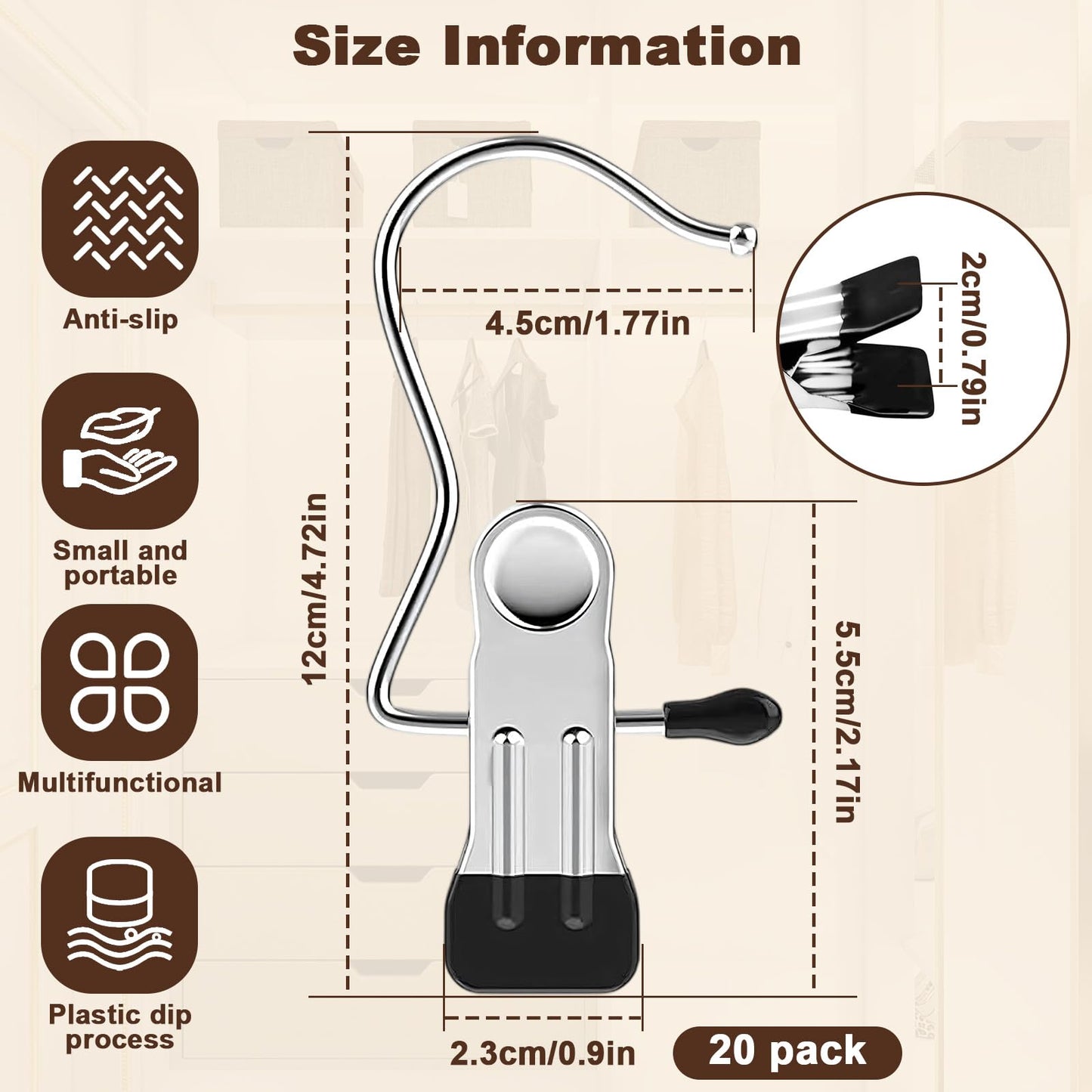 20 Trouser Hangers Clip with Non-Slip Rubber Coated, Stainless Steel Space Saving Closet Hanging Organizer Laundry Hook