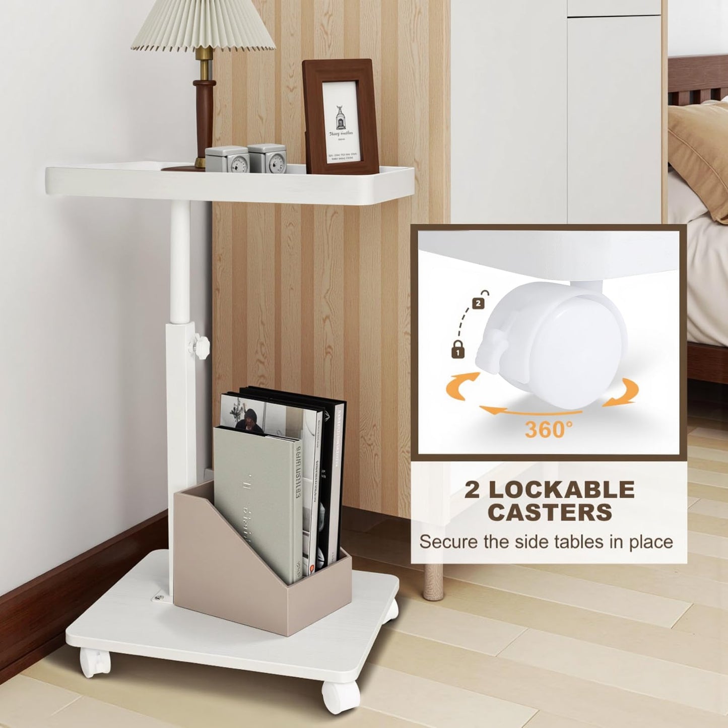 C Table End Table Adjustable Height 360° Swivel TV Tray Table With Wheels