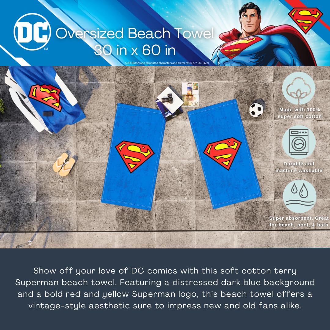 Franco Collectibles Superman Super Soft Cotton Bath/Pool/Beach Towel, 60 in x 30 in, (Official) WB Product