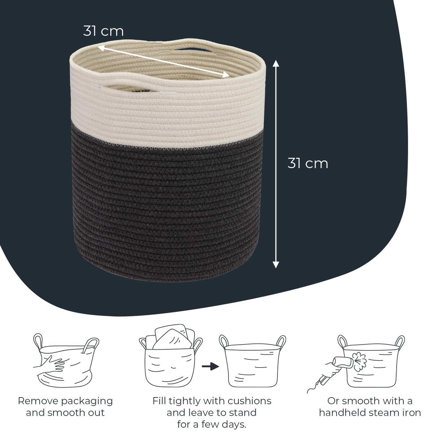 HMF Storage Basket with Hidden Handles, Round Basket Fits Kallax | 31 x 31 cm | White/Grey