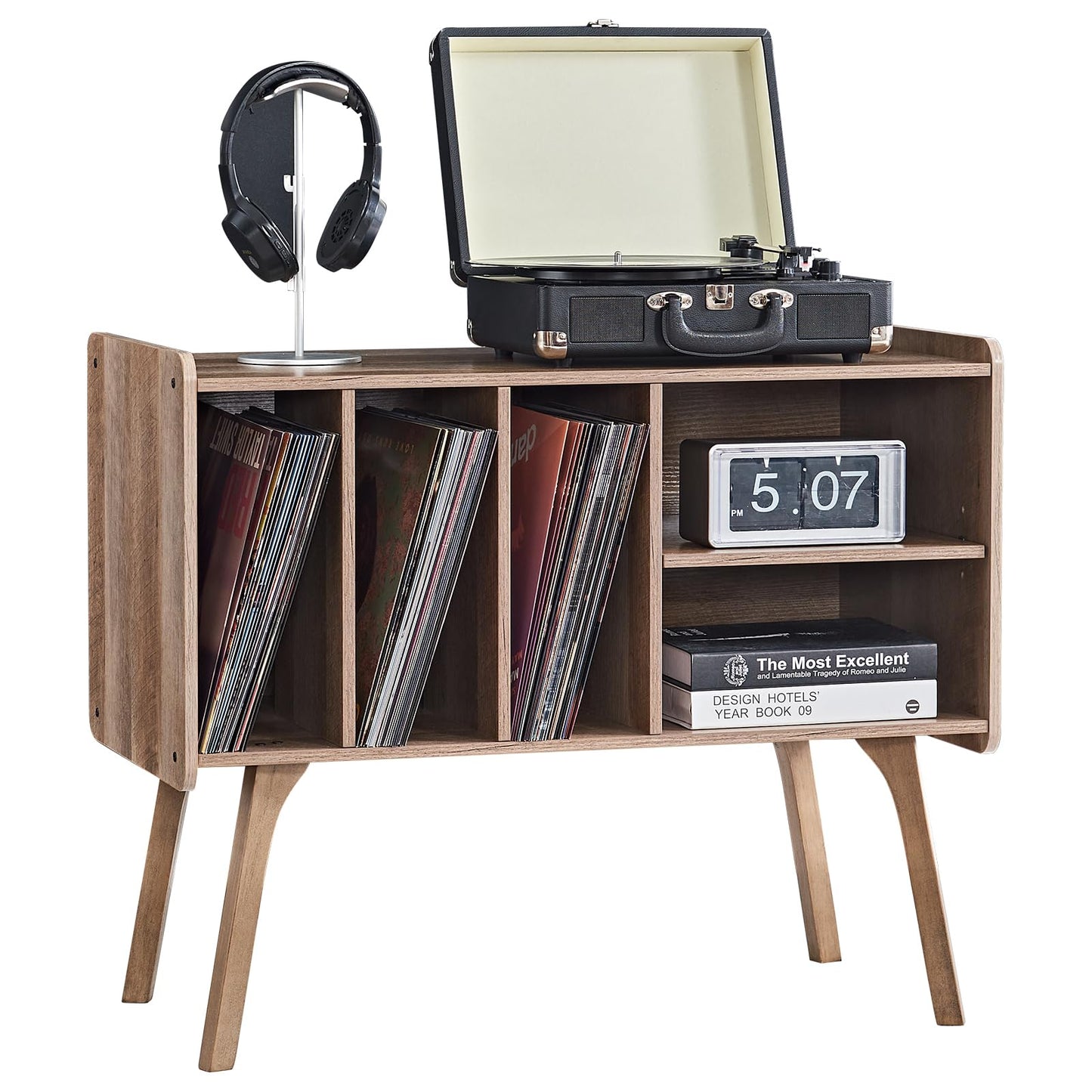 LELELINKY Record Player Stand, 4 Compartments, Holds Up to 220 Records