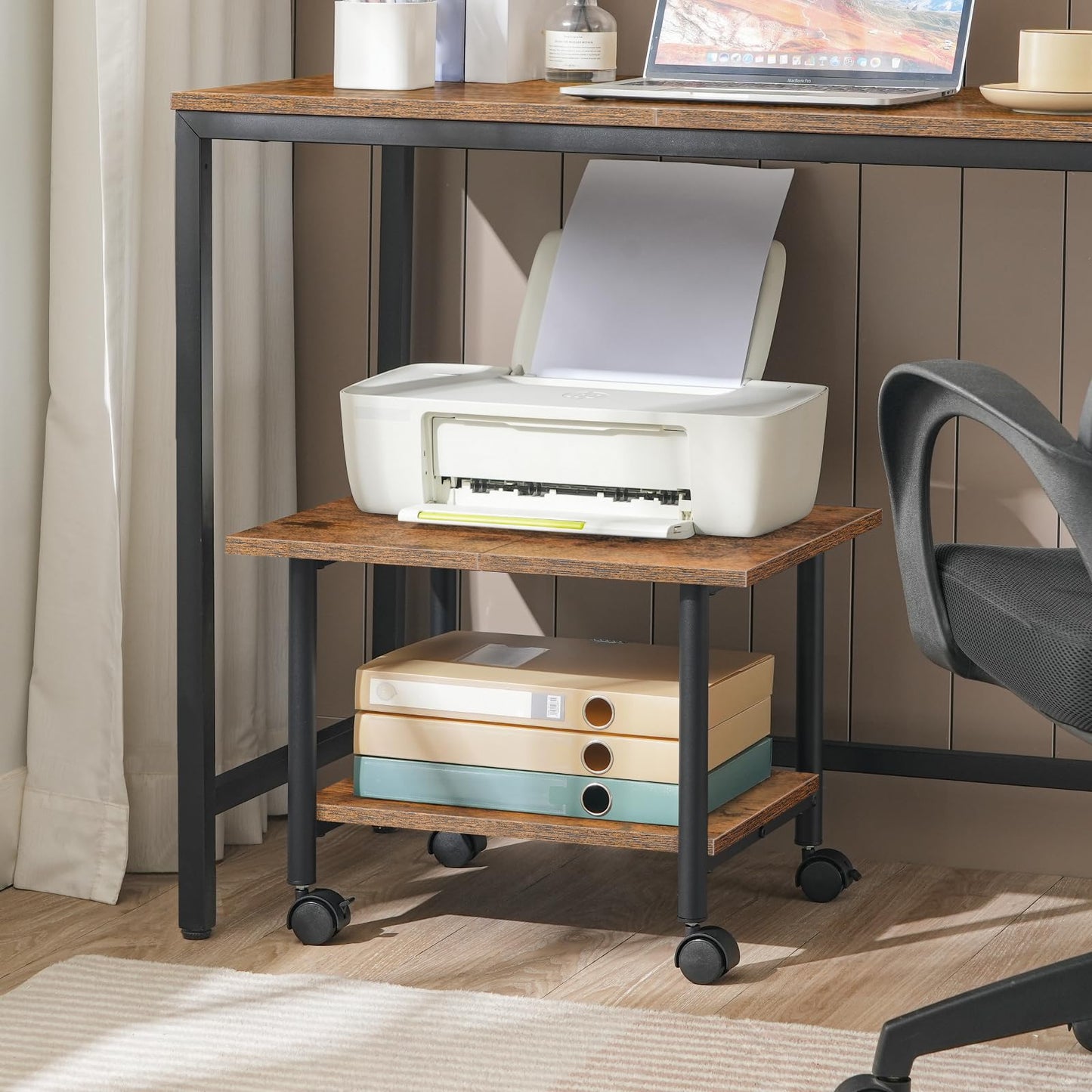 HOOBRO Under-Desk Printer Stand, 2-Tier Printer Cart with Storage Shelf, Printer Rack with Lockable Wheels, Metal Frame, Industrial Style in Office