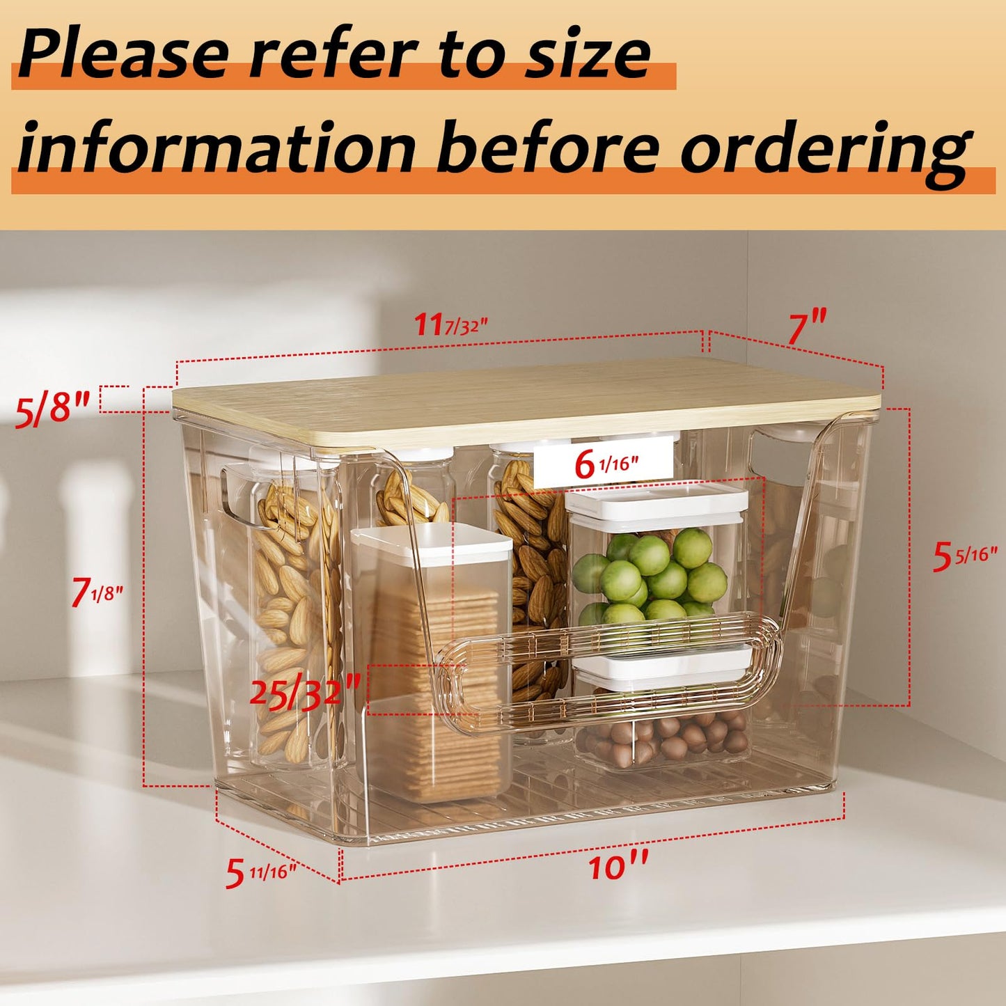 Delamu 2 Pack Fruit ＆ Vegetable Storage Basket, Kitchen Plastic Storage Baskets, Stackable Storage Bins with Bamboo Top for Potato and Onion Storage