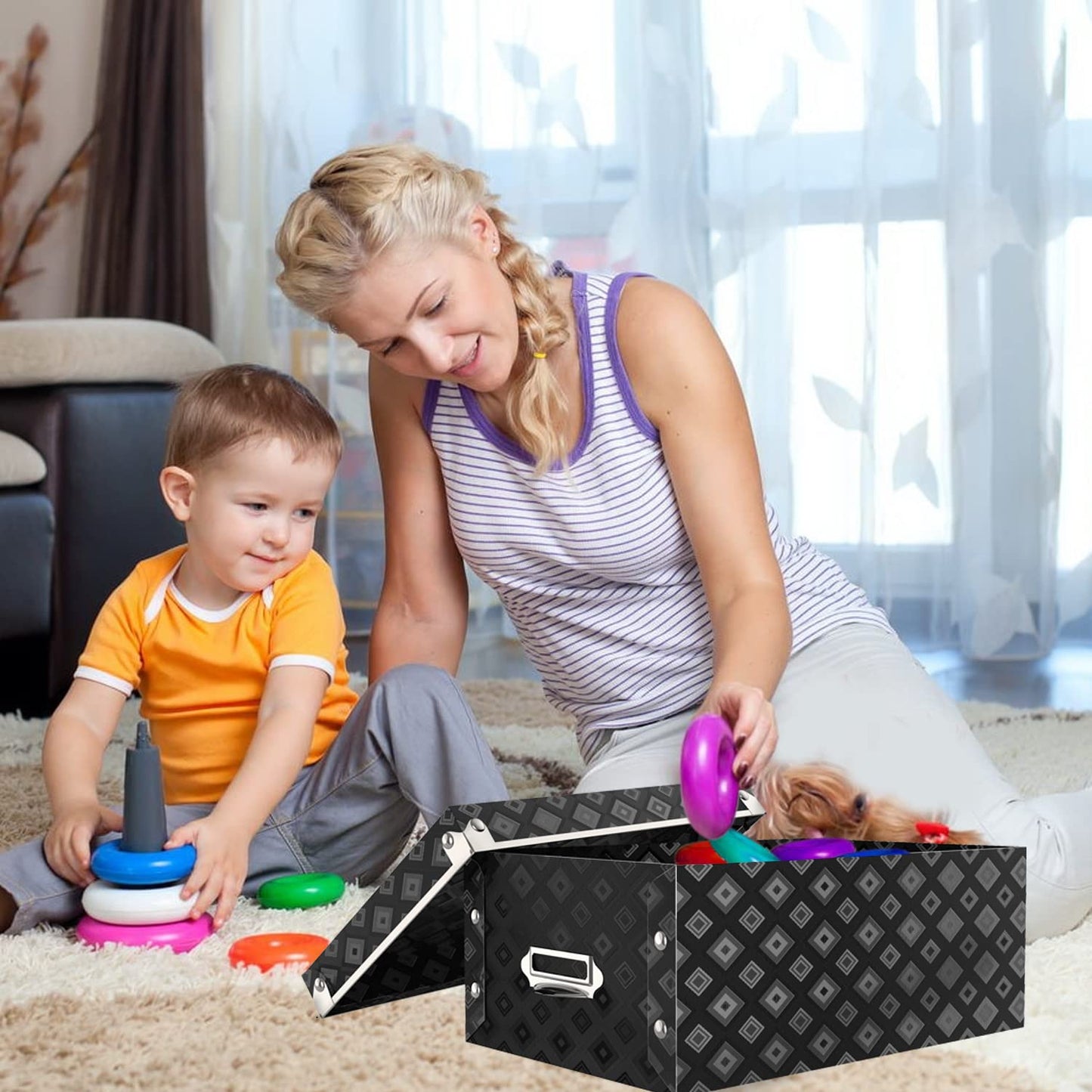 XUCHUN Storage Box with Lids (Black), Set of 3 Waterproof Foldable Plastic Box Multiple Sizes for Socks/Office
