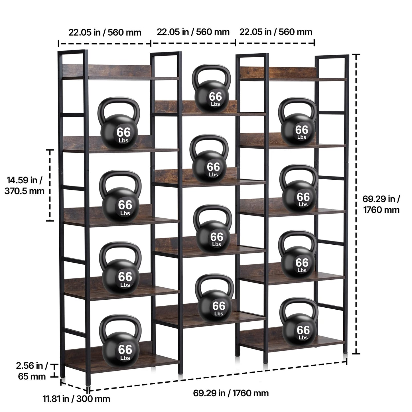 VEVOR Triple Metal Bookshelf, 14-Tier Industrial Bookshelf, Large Rustic Vintage Storage Bookcase with Open Shelves