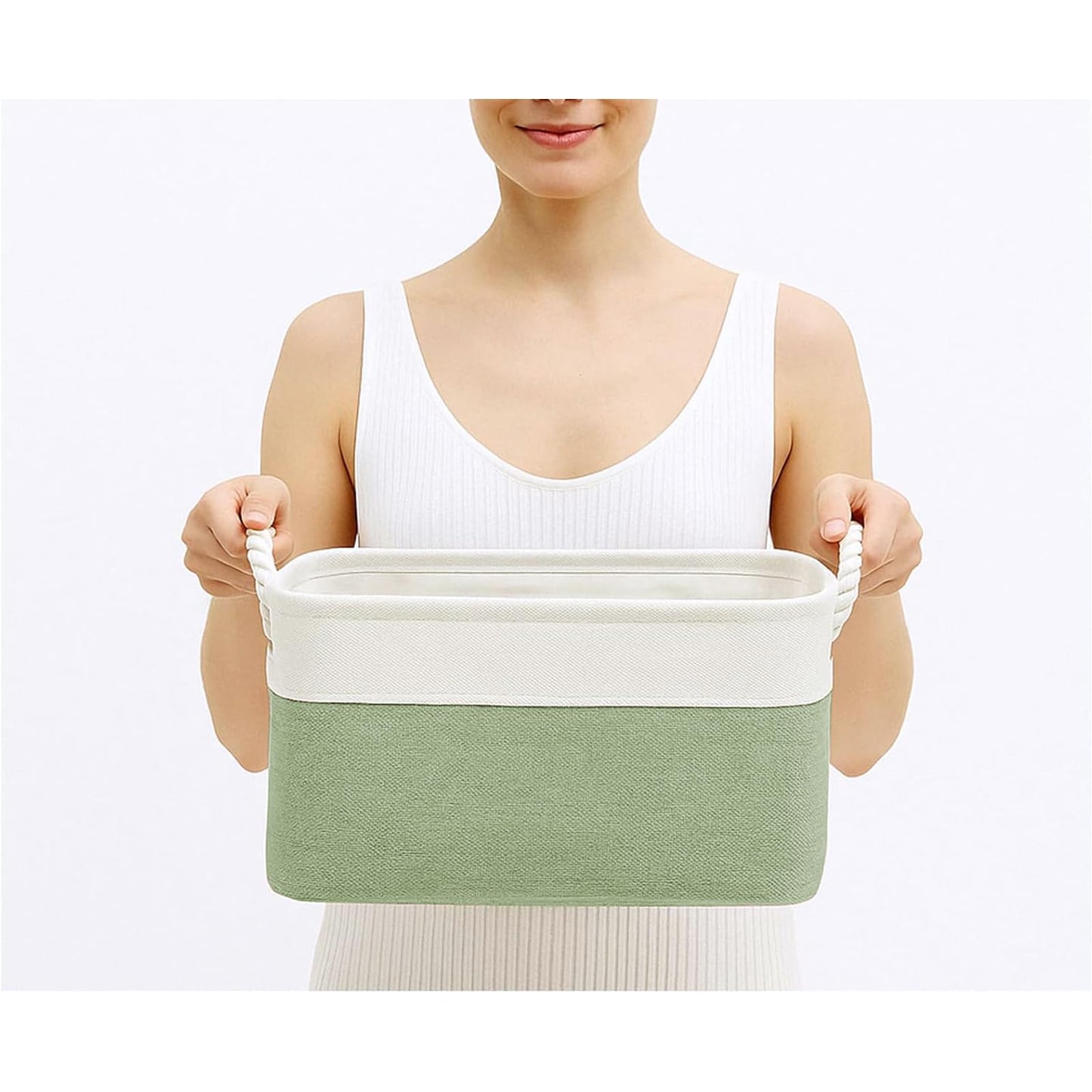 Mangata Soft Fabric Storage Basket with Handles, Multi-Size, Rectangular Linen Organiser Box for Shelf & Wardrobe, 31x21x16 cm, Green & White