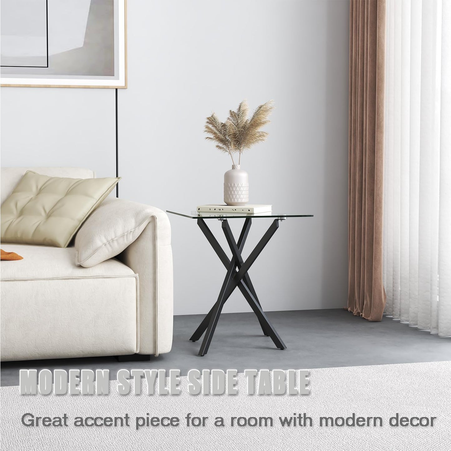GOLDFAN Glass Side Table High Gloss Small Square End Table with Tempered Glass Top and Metal Tubular Legs, Modern Table for Office and Small Space